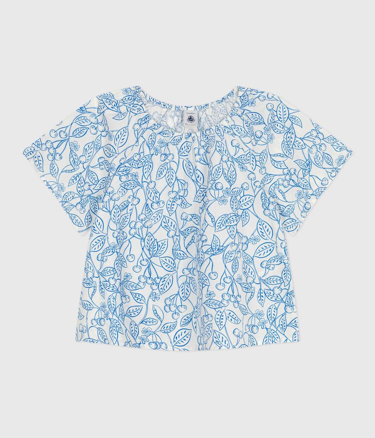 Blouse enfant en coton manches courtes imprim&eacute; cerises bleu MARSHMALLOW/ PORCELANA