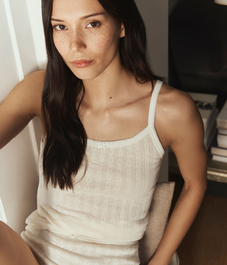 Chemise &agrave; bretelles femme en coton ajour&eacute; &eacute;cru