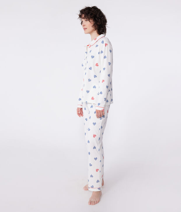 Pyjama femme en coton boutonn&eacute; imprim&eacute; c&oelig;urs blanc/multicouleur