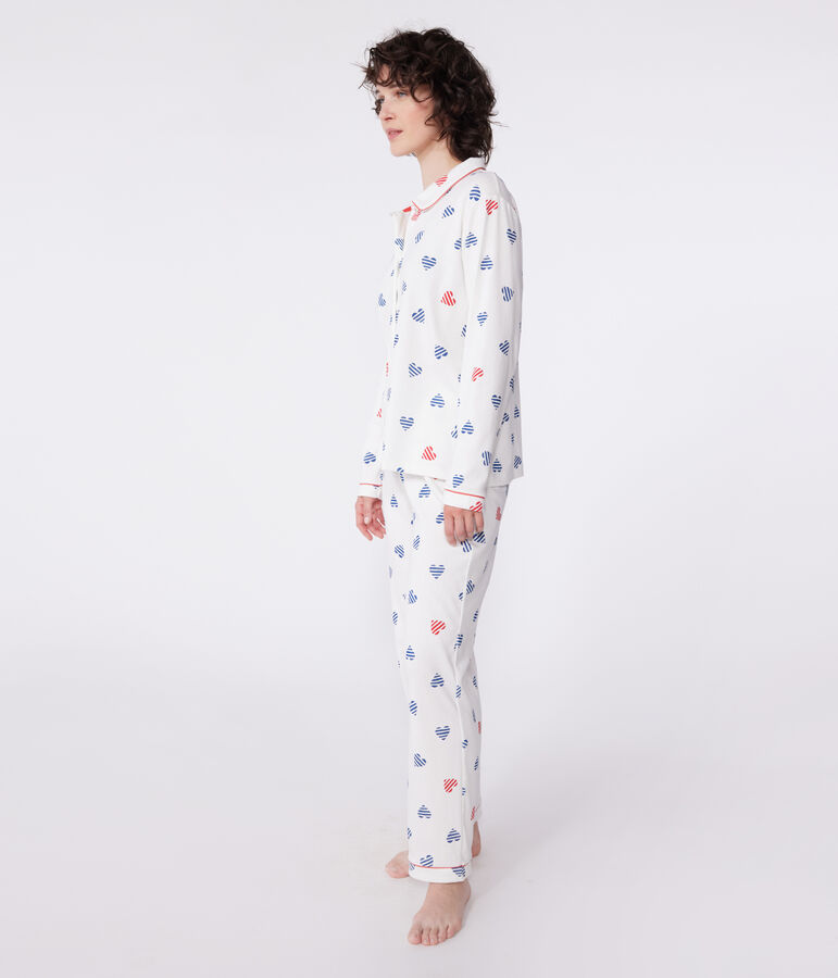 Pyjama femme en coton boutonn&eacute; imprim&eacute; c&oelig;urs blanc MARSHMALLOW/blanc MULTICO