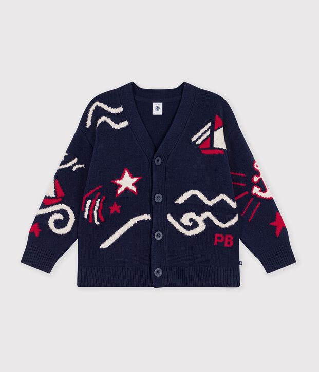 Cardigan enfant en laine et coton &agrave; motifs rouge/multicouleur