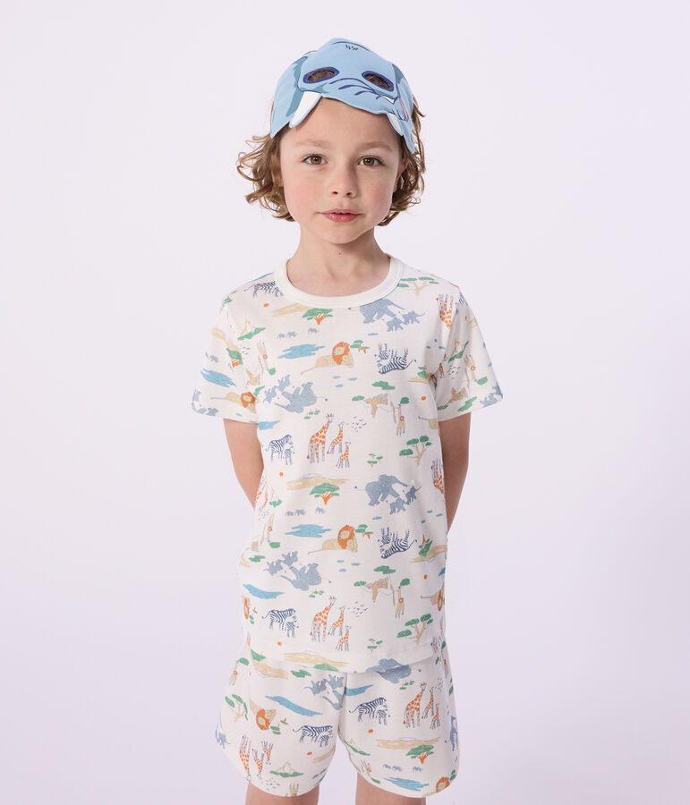 Pyjama short d&eacute;guisement enfant en coton imprim&eacute; savane blanc MARSHMALLOW/blanc MULTICO