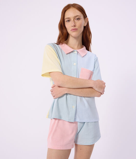 Pyjama short boutonné femme en coton à rayures blanc MARSHMALLOW/blanc MULTICO