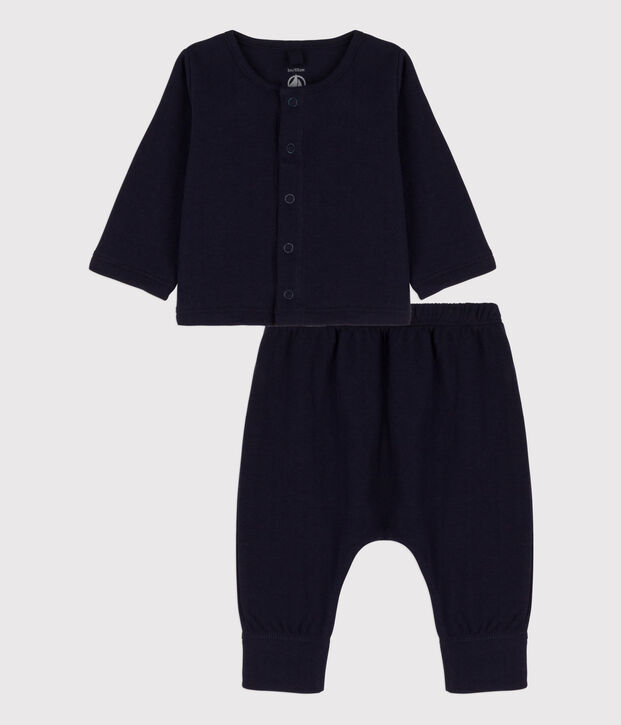 Ensemble 2 pi&egrave;ces uni en tubique bio b&eacute;b&eacute; bleu marine