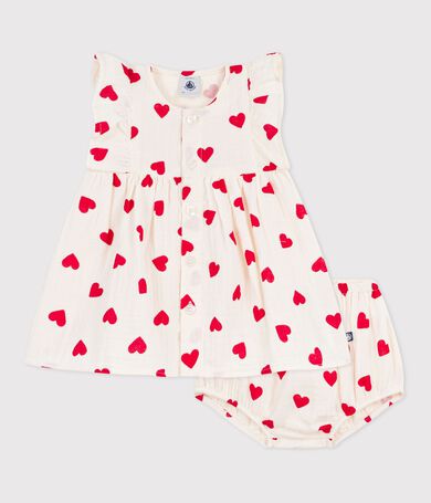 Robe b&eacute;b&eacute; en coton avec son bloomer, imprim&eacute;s c&oelig;urs