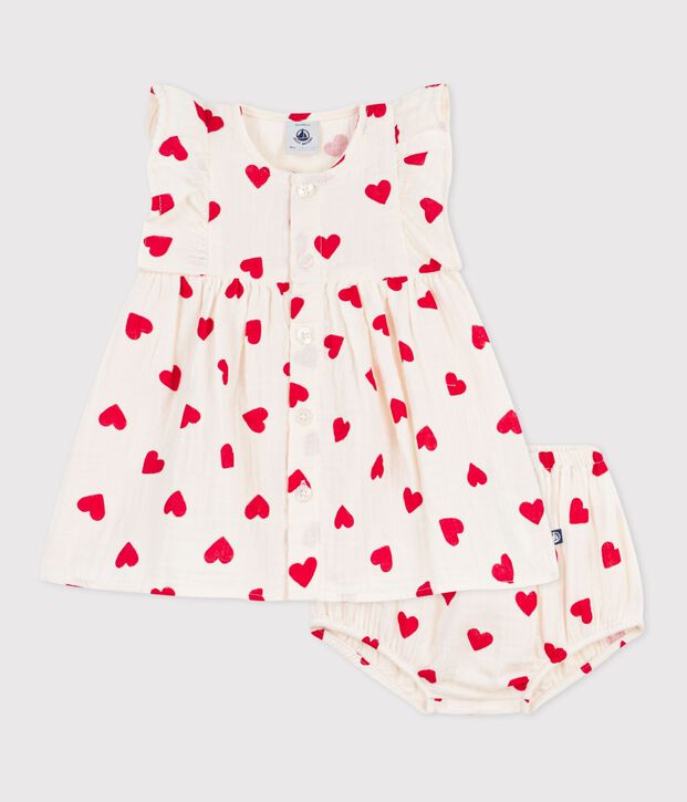 Robe b&eacute;b&eacute; en coton avec son bloomer, imprim&eacute;s c&oelig;urs rouge/rouge