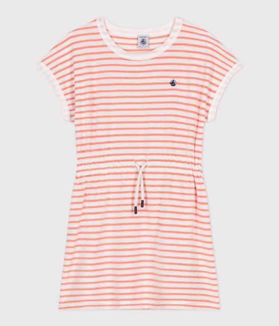 Robe enfant en coton éponge manches courtes à rayures orange MARSHMALLOW/ ABRICOT