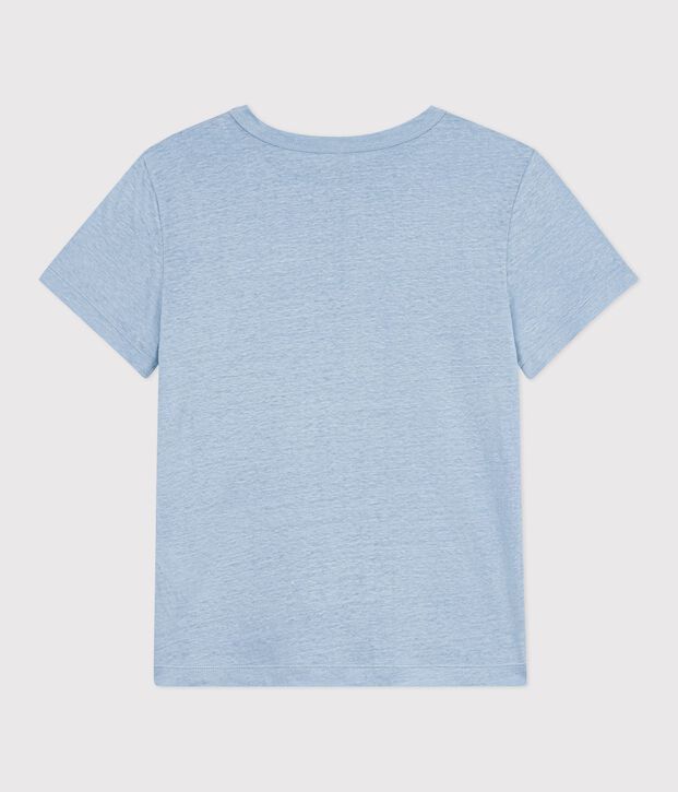 Tee-shirt femme en lin manches courtes uni bleu clair