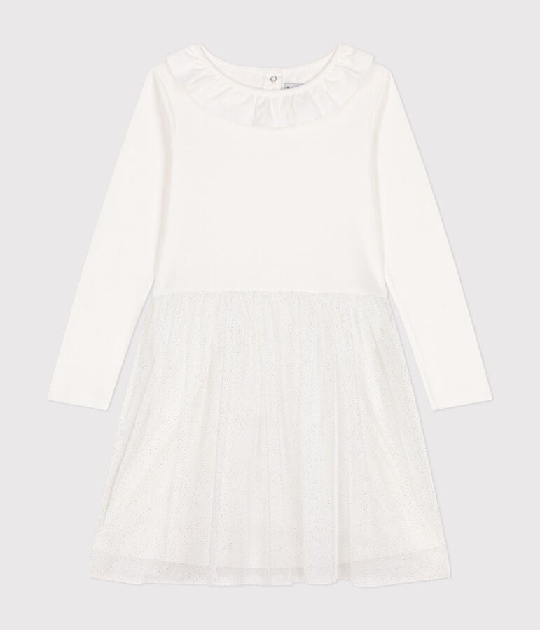 Robe en c&ocirc;te et tulle enfant fille blanc MARSHMALLOW