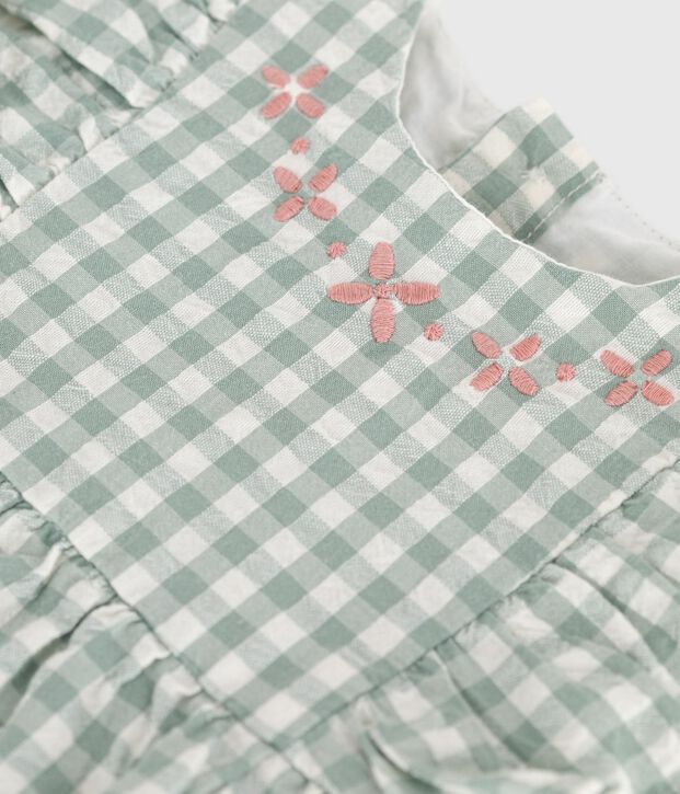Barboteuse b&eacute;b&eacute; en coton sans manches, imprim&eacute; vichy et col brod&eacute; vert/blanc