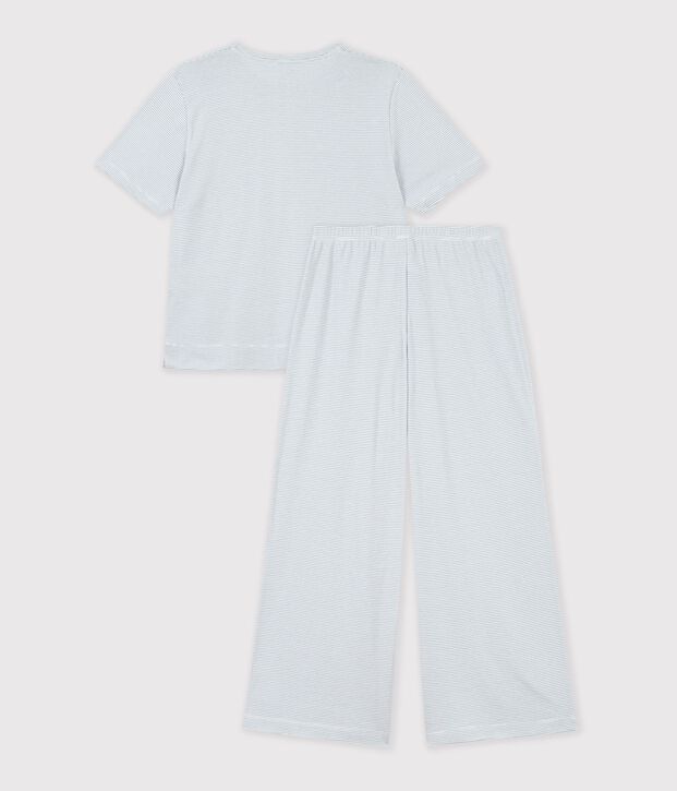 Pyjama femme en coton jambes larges &agrave; rayures gris/blanc