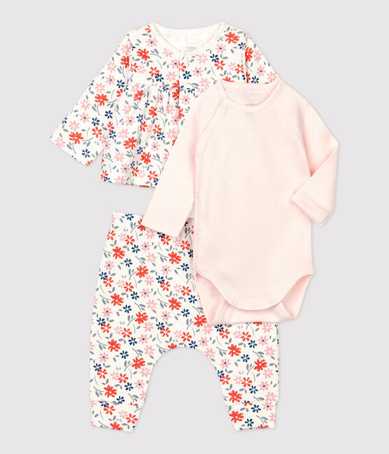 Ensemble 3 pièces imprimé fleurs bébé fille en coton biologique blanc MARSHMALLOW/blanc MULTICO