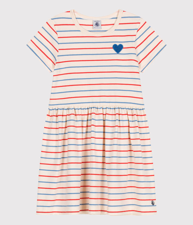 Robe enfant en coton manches courtes &agrave; rayures  et c&oelig;ur &eacute;cru/multicouleur