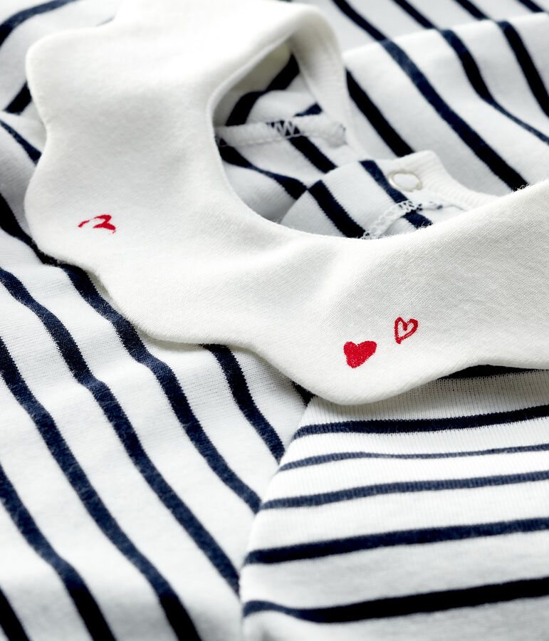 Robe manches courtes en c&ocirc;te ray&eacute; b&eacute;b&eacute; fille blanc MARSHMALLOW/bleu SMOKING