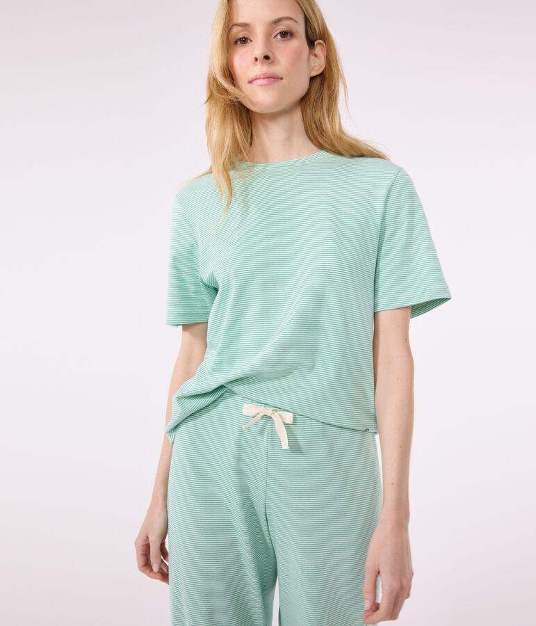Pyjama femme en coton jambes larges &agrave; rayures vert ALOEVERA/blanc MARSHMALLOW