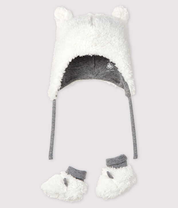 Lot bonnet naissance et chaussons b&eacute;b&eacute; en sherpa multicouleur