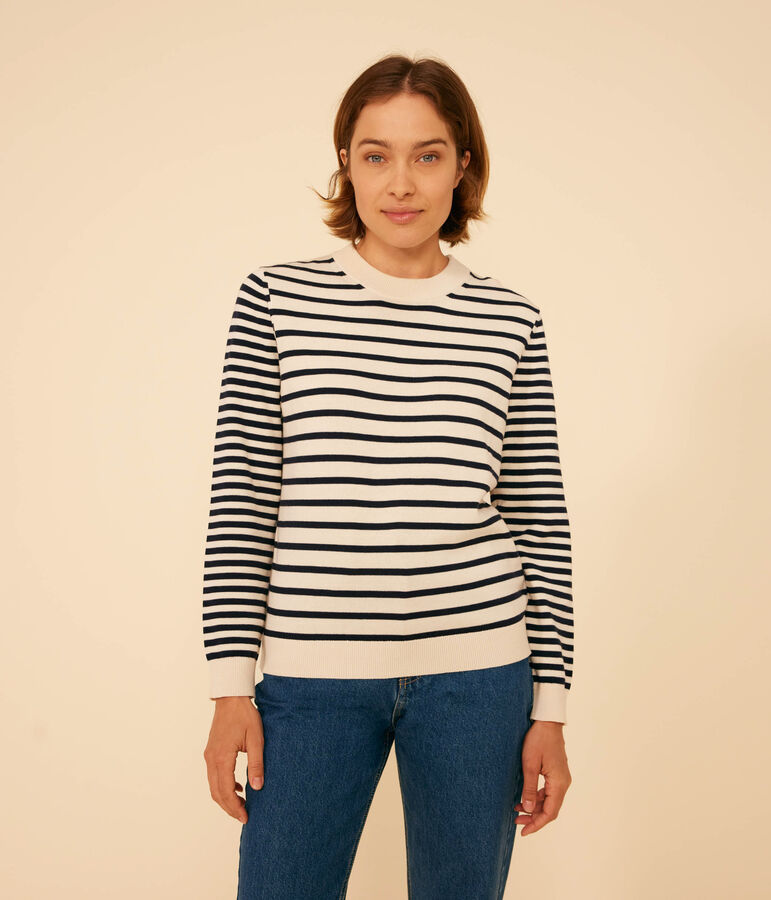 Pull en coton marini&egrave;re Femme &eacute;cru/bleu