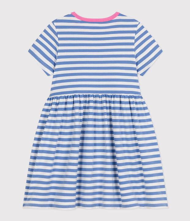 Robe ray&eacute;e manches courtes en coton enfant fille bleu/blanc