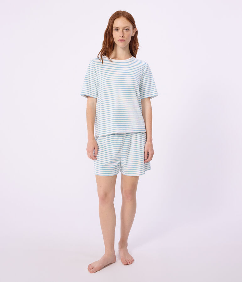 Pyjama short femme en coton &eacute;ponge &agrave; rayures blanc/vert