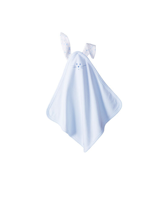 Doudou lapin bébé en côte blanc LAIT/bleu FRAICHEUR