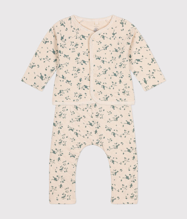 Ensemble 2 pi&egrave;ces en tubique matelass&eacute; b&eacute;b&eacute; &eacute;cru/vert