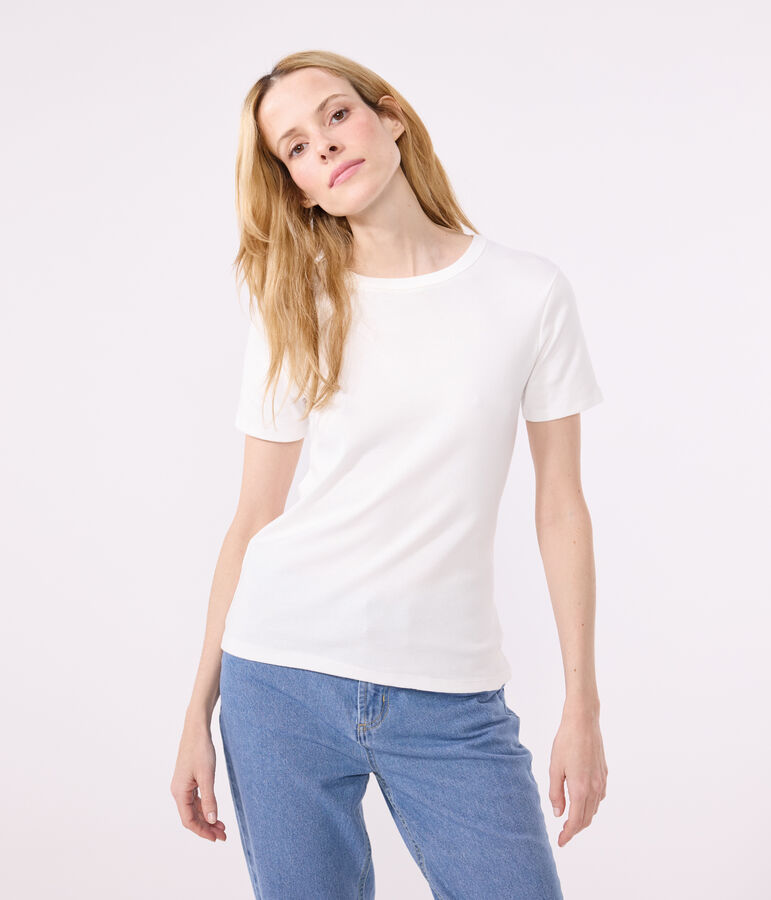 Tee-shirt l'Iconique manches courtes en c&ocirc;te unie femme blanc ECUME
