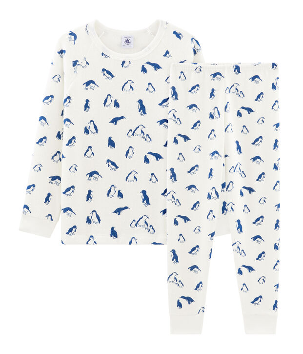 Pyjama mixte en bouclette &eacute;ponge gratt&eacute;e extra chaude blanc/bleu