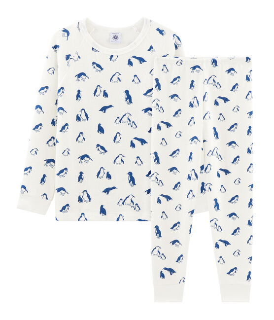 Pyjama mixte en bouclette éponge grattée extra chaude blanc MARSHMALLOW/bleu MAJOR