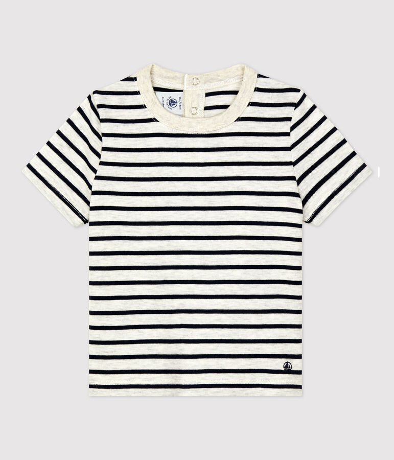 Tee-shirt manches courtes ray&eacute; en coton b&eacute;b&eacute; beige MONTELIMAR/bleu SMOKING