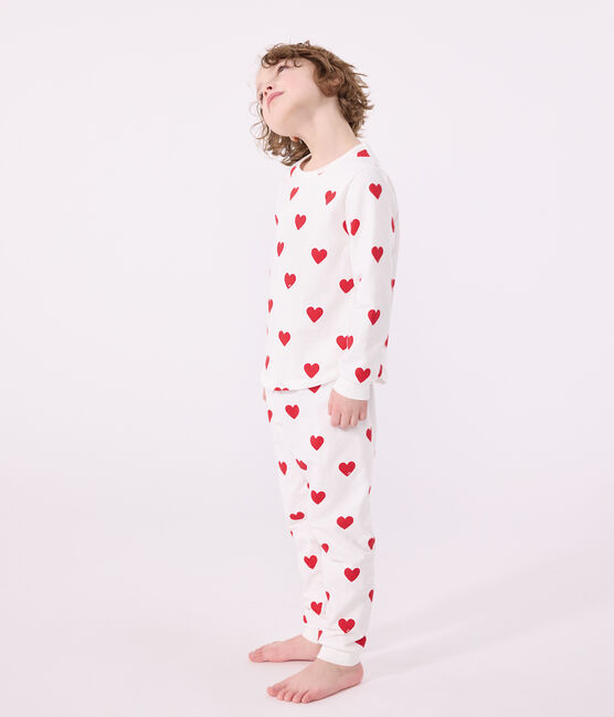 Pyjama enfant imprimé cœurs en côte blanc MARSHMALLOW/rouge TERKUIT