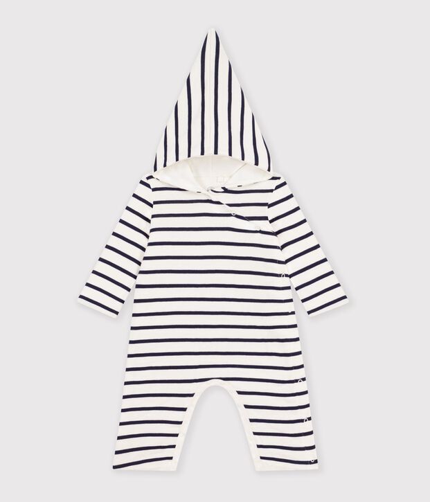 Combinaison b&eacute;b&eacute; &agrave; capuche ray&eacute;e blanc/bleu