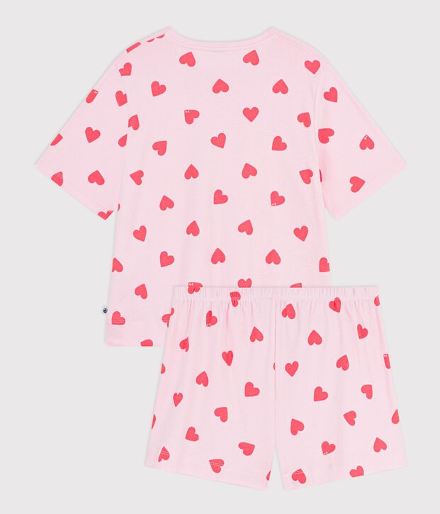 Pyjama short femme en coton imprim&eacute; c&oelig;ur rose/orange