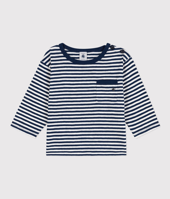 Tee-shirt manches longues bébé en jersey flammé rayé bleu MEDIEVAL/blanc MARSHMALLOW