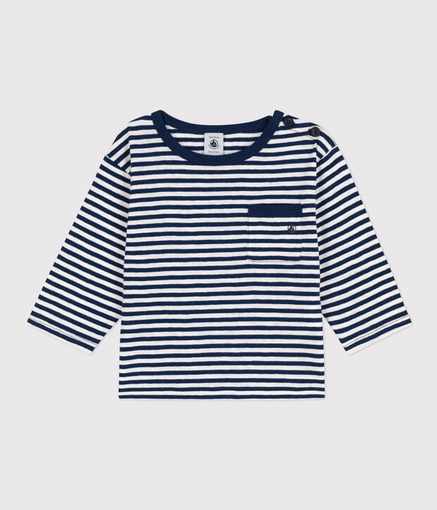 Tee-shirt manches longues b&eacute;b&eacute; en jersey flamm&eacute; ray&eacute; bleu/blanc