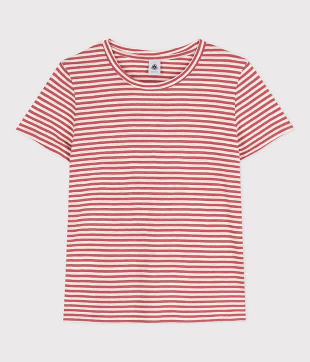 Tee-shirt LE DROIT col rond en coton Femme rose/&eacute;cru