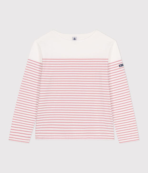 Teeshirt marini&egrave;re femme en coton manches longues blanc/rose