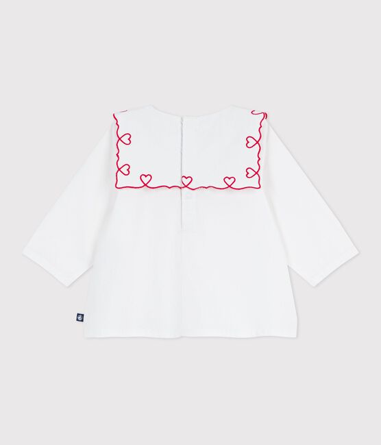 Blouse bébé en popeline de coton manches longues, brodée cœurs blanc ECUME
