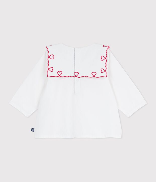 Blouse b&eacute;b&eacute; en popeline de coton manches longues, brod&eacute;e c&oelig;urs blanc