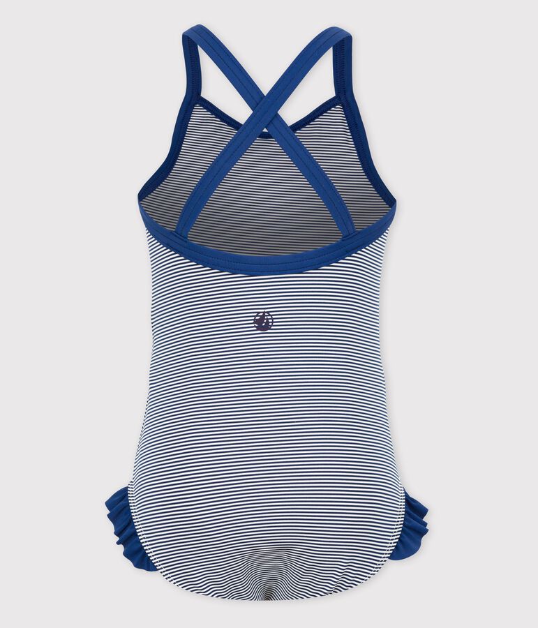 Maillot de bain 1 pi&egrave;ce iconique enfant fille bleu MEDIEVAL/blanc MARSHMALLOW