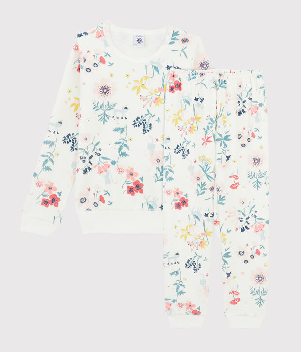 Pyjama &agrave; fleurs petite fille en velours blanc/multicouleur