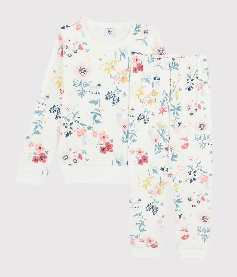 Pyjama &agrave; fleurs petite fille en velours blanc MARSHMALLOW/blanc MULTICO