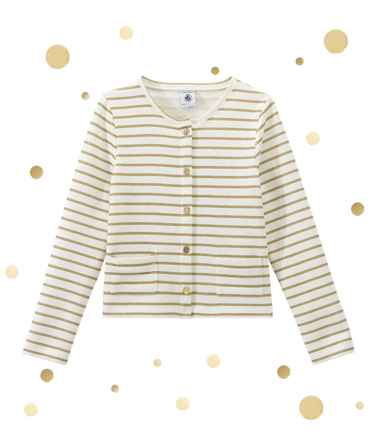 Cardigan enfant fille bi-mati&egrave;re blanc/jaune