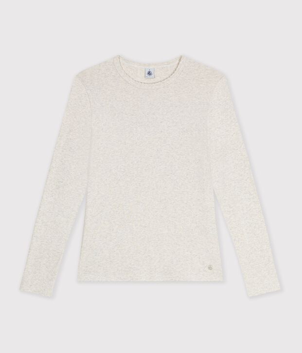 Tee-shirt femme finitions point cocotte en coton manches longues beige chin&eacute;