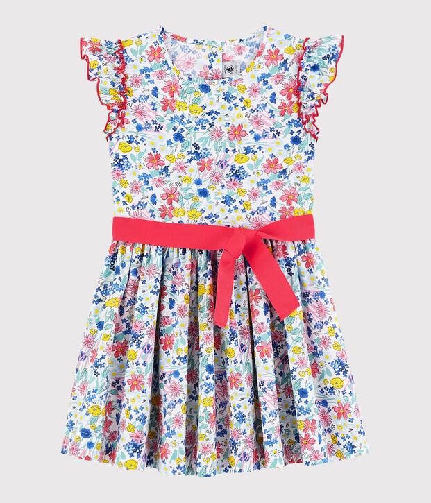 Robe manches courtes en popeline enfant fille blanc/multicouleur