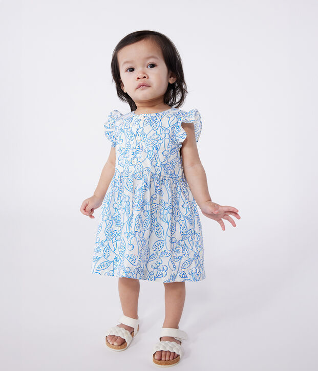 Robe b&eacute;b&eacute; en coton et son bloomer, imprim&eacute;s cerises bleues bleu/bleu
