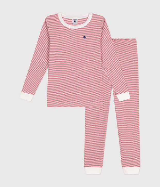 Pyjama ajust&eacute; en coton ray&eacute; enfant rose/blanc