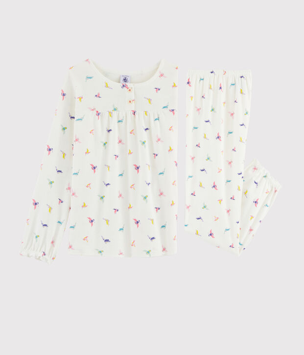 Pyjama imprim&eacute; oiseaux petite fille en c&ocirc;te blanc/multicouleur
