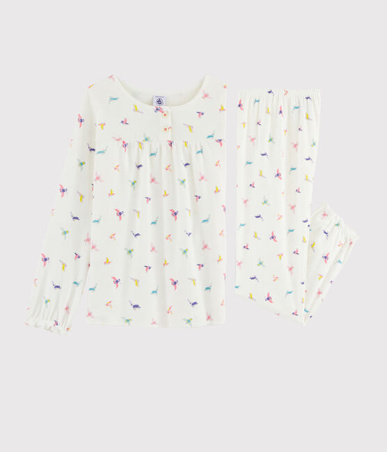 Pyjama imprimé oiseaux petite fille en côte blanc MARSHMALLOW/blanc MULTICO