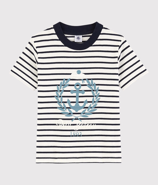 Tee-shirt manches courtes en jersey enfant garçon blanc MARSHMALLOW/bleu SMOKING
