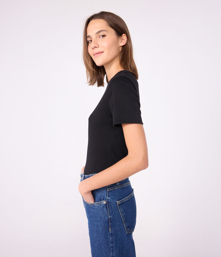 Tee-shirt l'Iconique manches courtes en c&ocirc;te unie femme noir BLACK